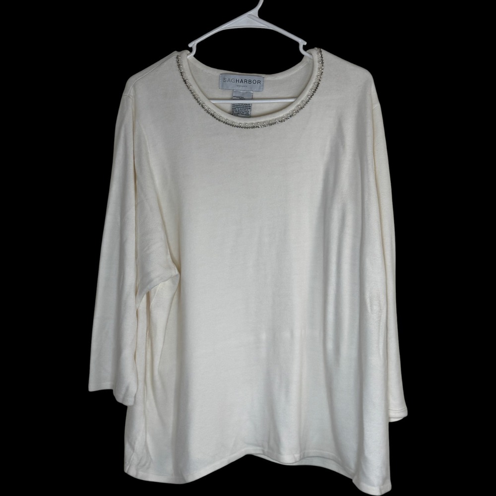 Sag Harbor Woman Cream Pearl Embellished Crew Neck 3X Top